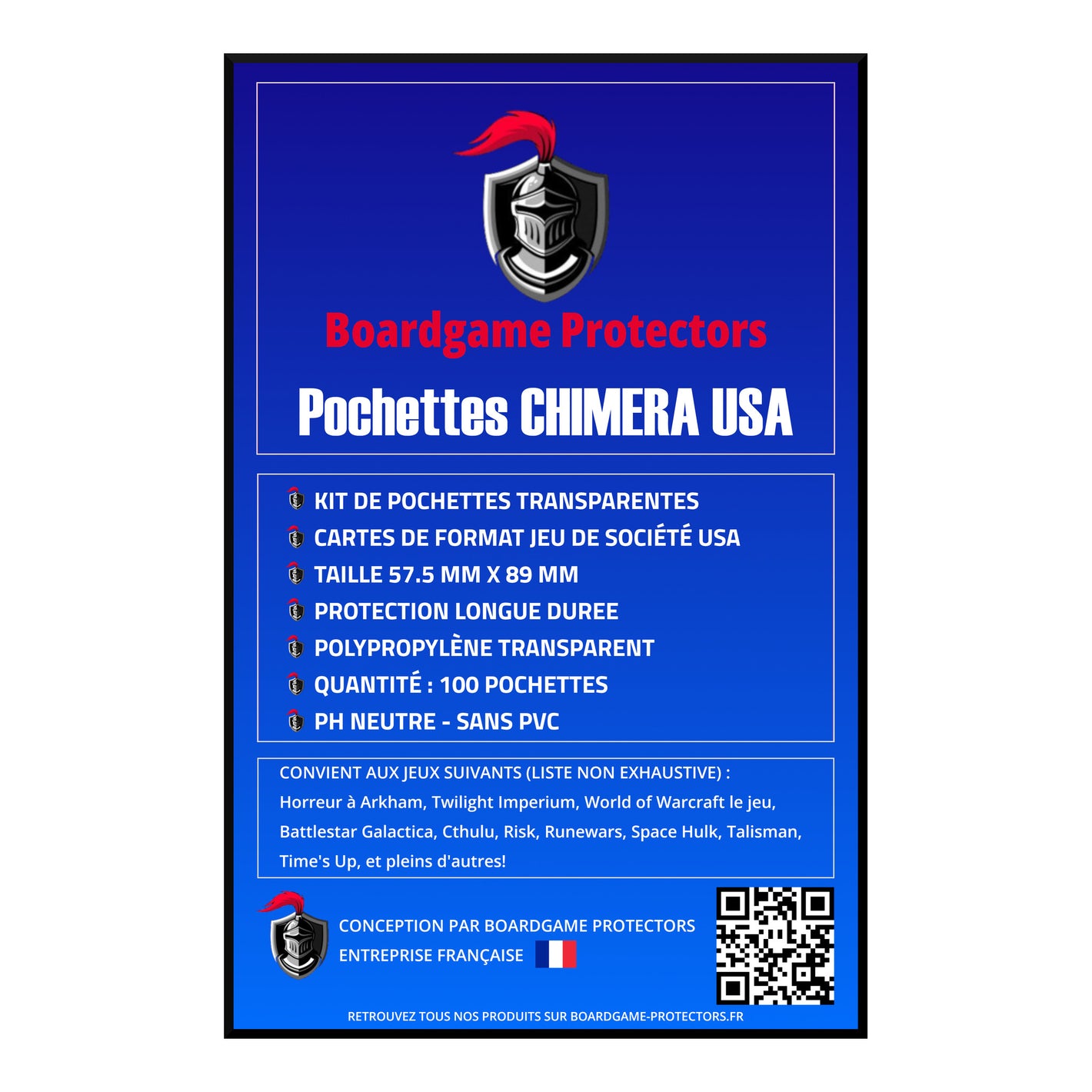Pochettes de taille Chimera USA Boardgame Protectors. Convient à de nombreux jeux comme Horreur à Arkham (Arkham Horrors) et pleins d'autres